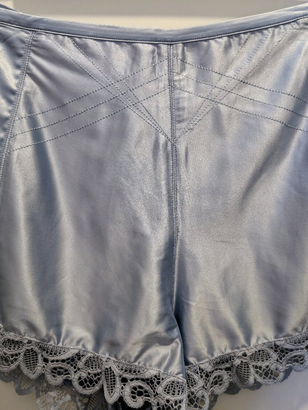 Palindrome Icy-Blue Satin High-Waisted Shorts with Lace Trim Size Medium
